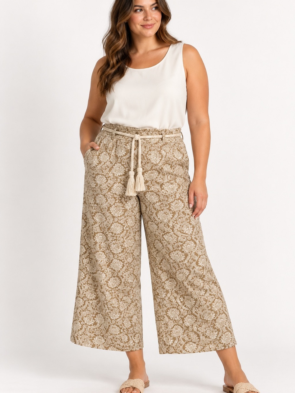 Adrianna Papell Floral Wide Leg Rope Belt Pants Cream Taupe Size L